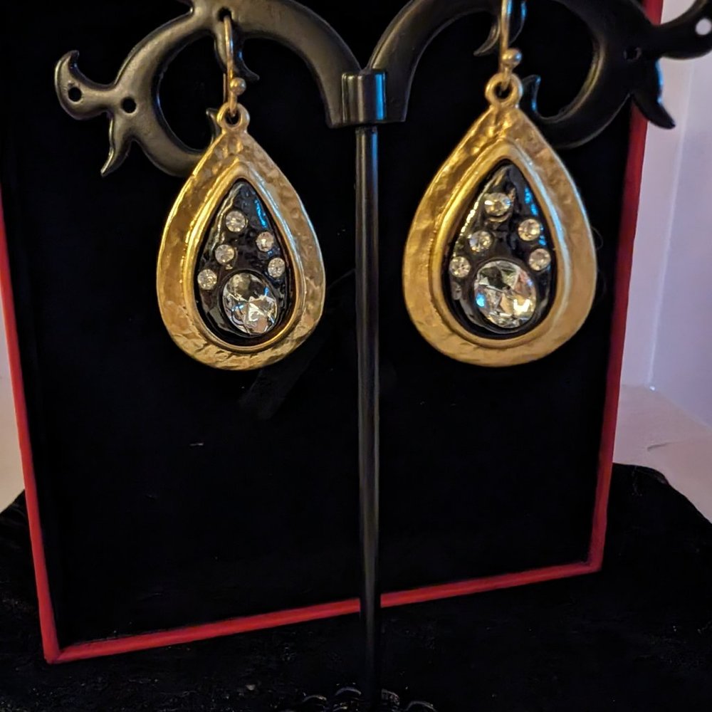 Chico's stamped fashion earrings. Gold teardrop with black and crystal insert.